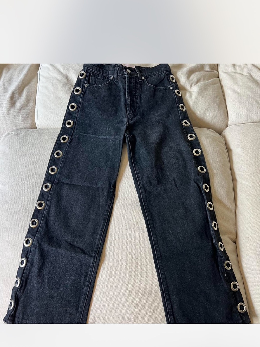 REVICE Black Wide-Leg Jeans with Silver Grommet Trim